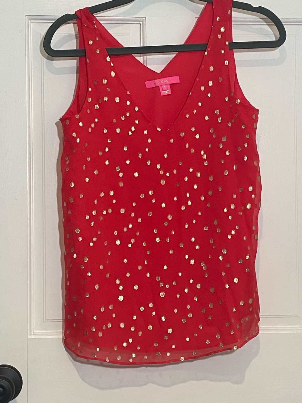 Lilly Pulitzer Coral V-Neck Sleeveless Top with Sparkling Gold polka dots Sz XS